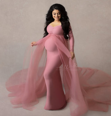 Woman's Maternity Tulle Long Stretchy Dress with Train